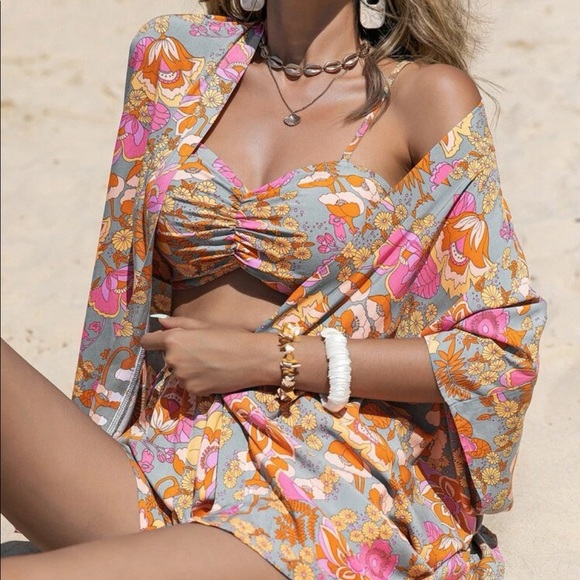 Boho Bohemian Tropical Paisley Floral Print Cami bra Top Kimono Shorts Set - Picture 2 of 7